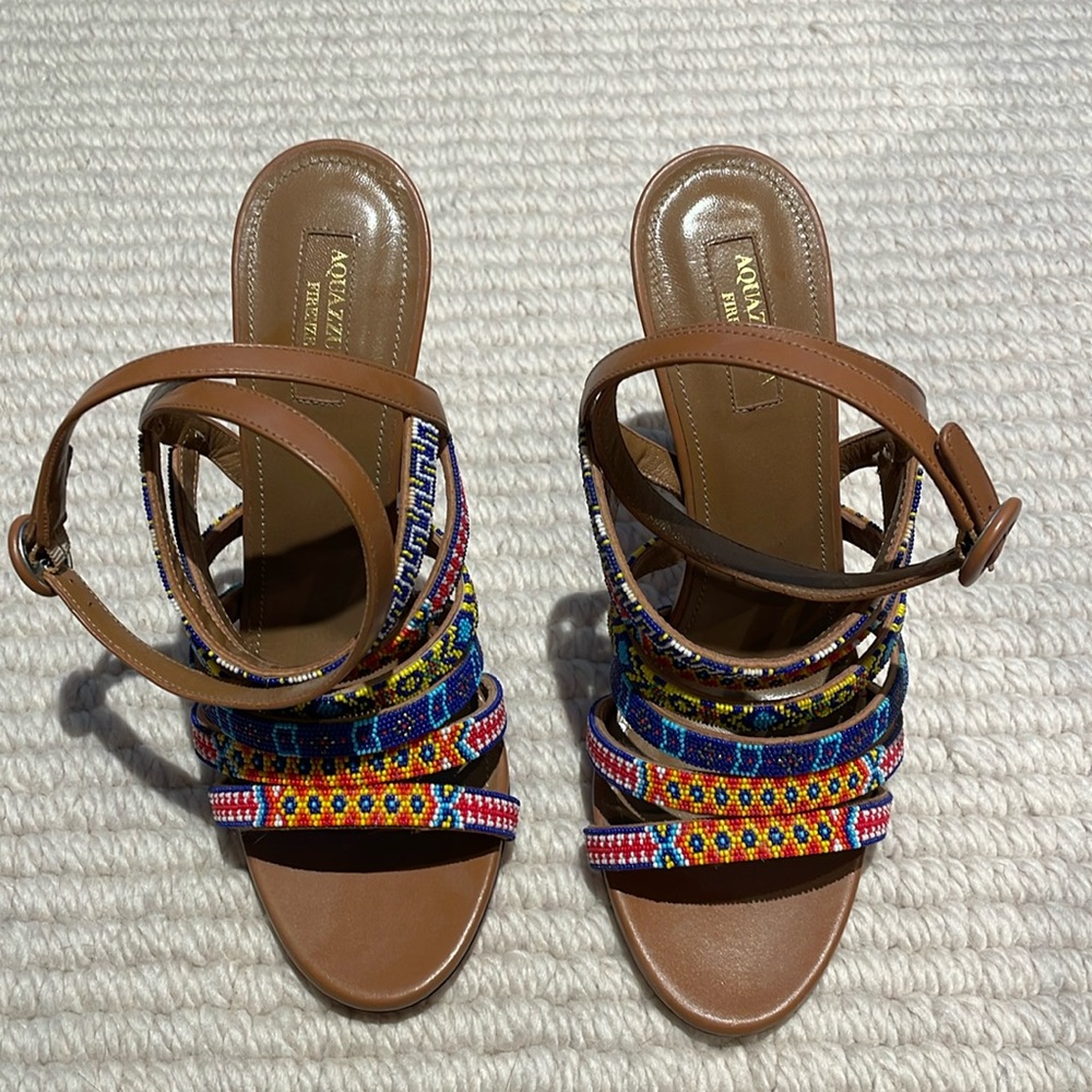 Aquazzura beaded leather heeled sandal, never worn, 38.5